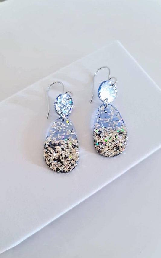 Light Blue Dangle Drop Hook Earrings, Oval Organic Shape Earrings, Silver Glitter, Resin Handmade, Stainless Steel Hypoallergenic Gift