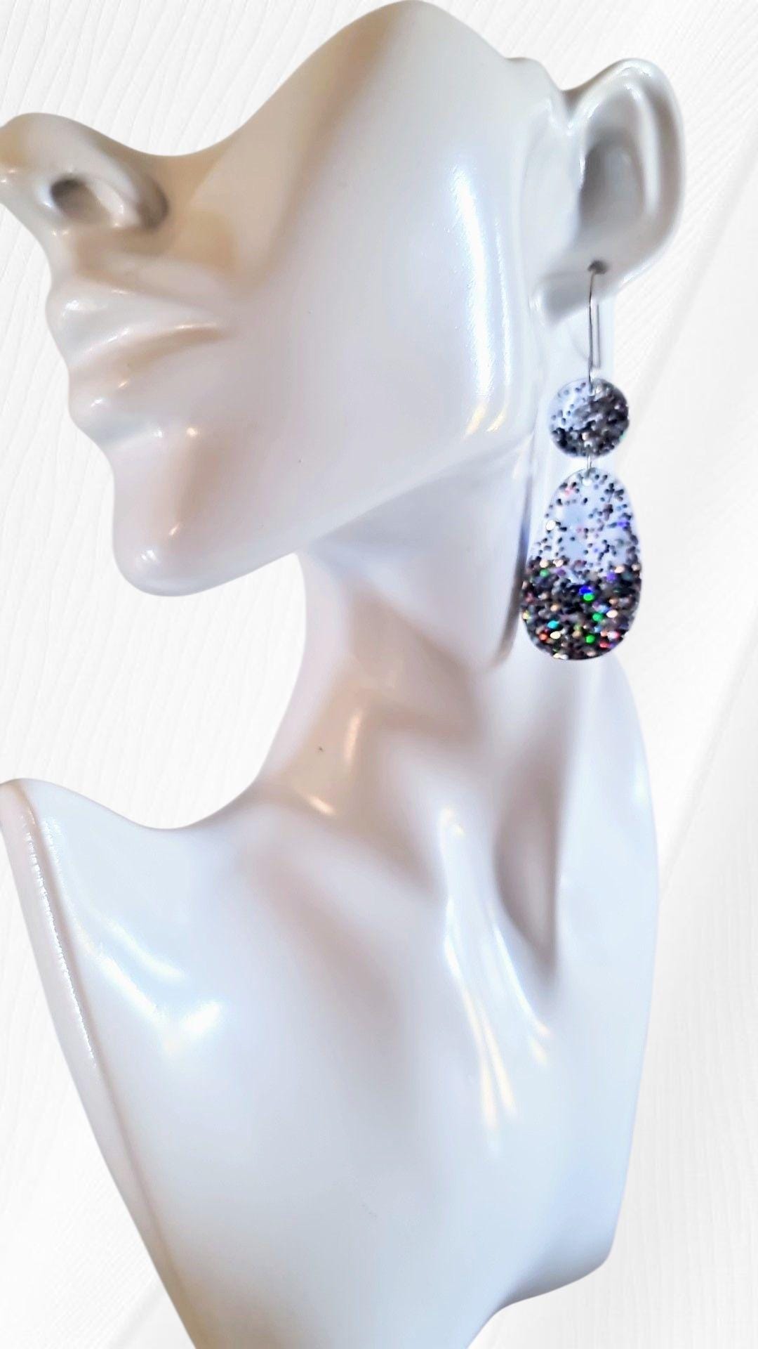 Light Blue Dangle Drop Hook Earrings, Oval Organic Shape Earrings, Silver Glitter, Resin Handmade, Stainless Steel Hypoallergenic Gift