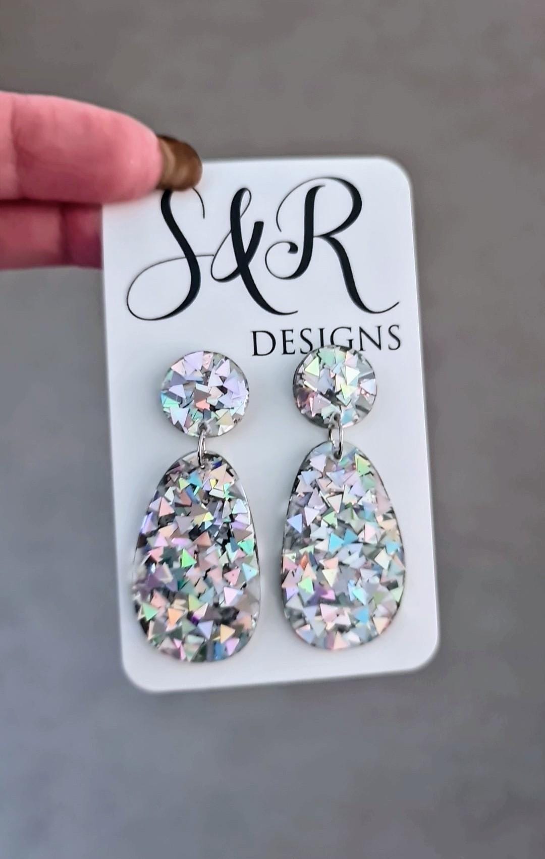 Silver Holographic Dangle Drop Hook Earrings, Oval Organic Shape Earrings, Silver Glitter, Resin Handmade, Stainless Steel Hypoallergenic