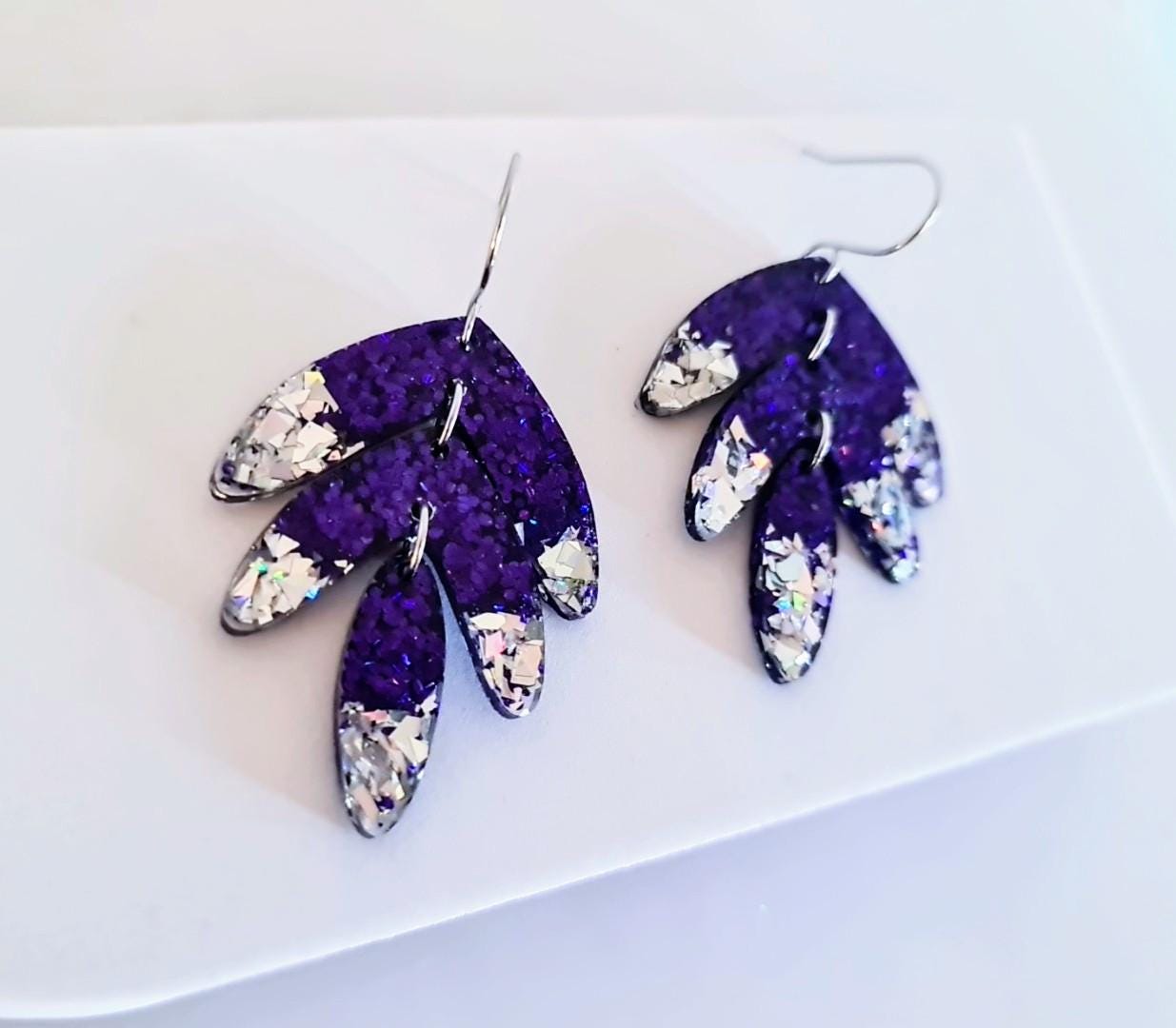 Purple with Silver Shards Leaves Long Drop Hook Earrings. Purple Pinks Mix Resin Dangles, Stunning Chandelier Earwire Hypoallergenic Dangles