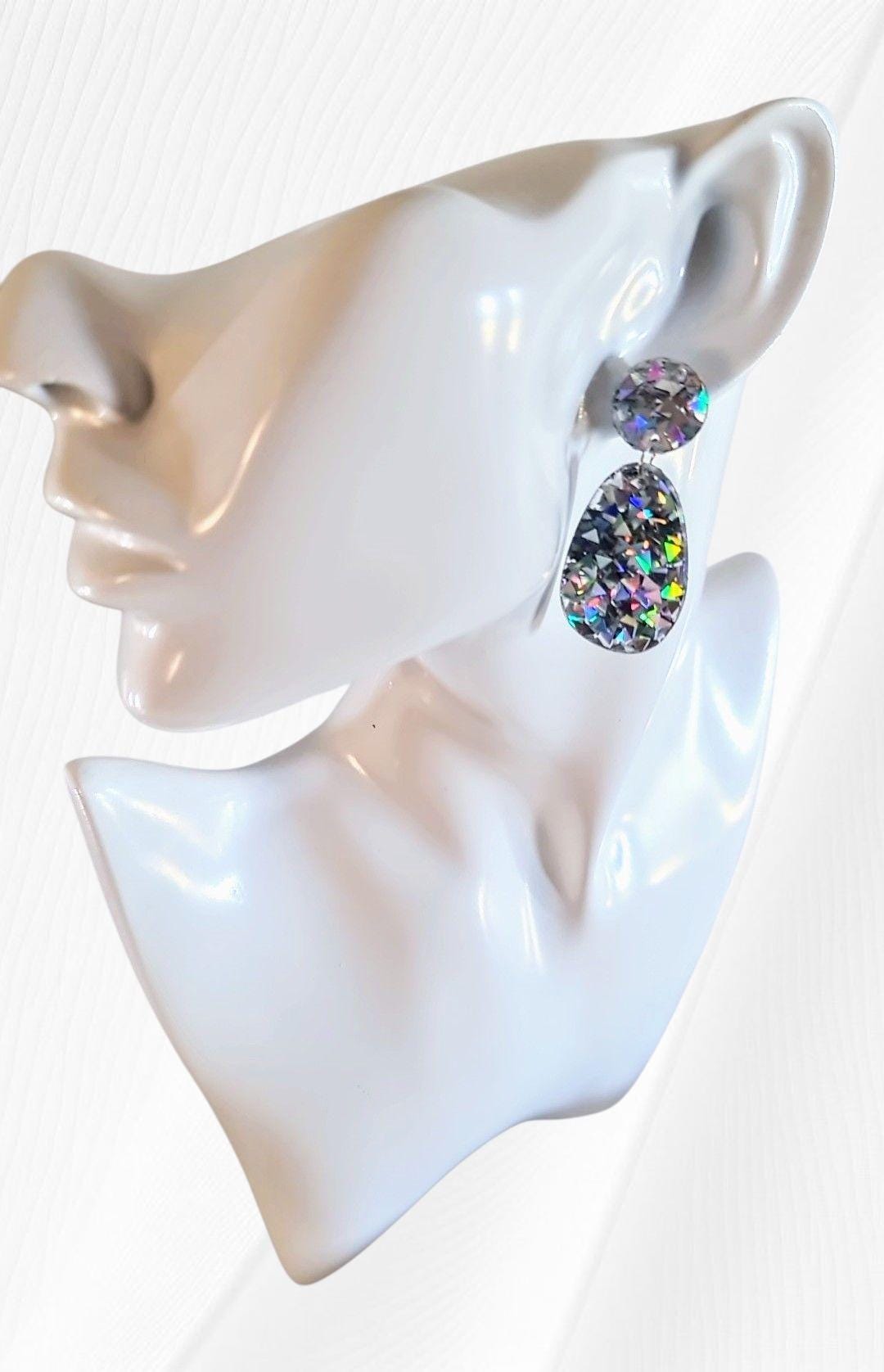Silver Holographic Dangle Drop Hook Earrings, Oval Organic Shape Earrings, Silver Glitter, Resin Handmade, Stainless Steel Hypoallergenic