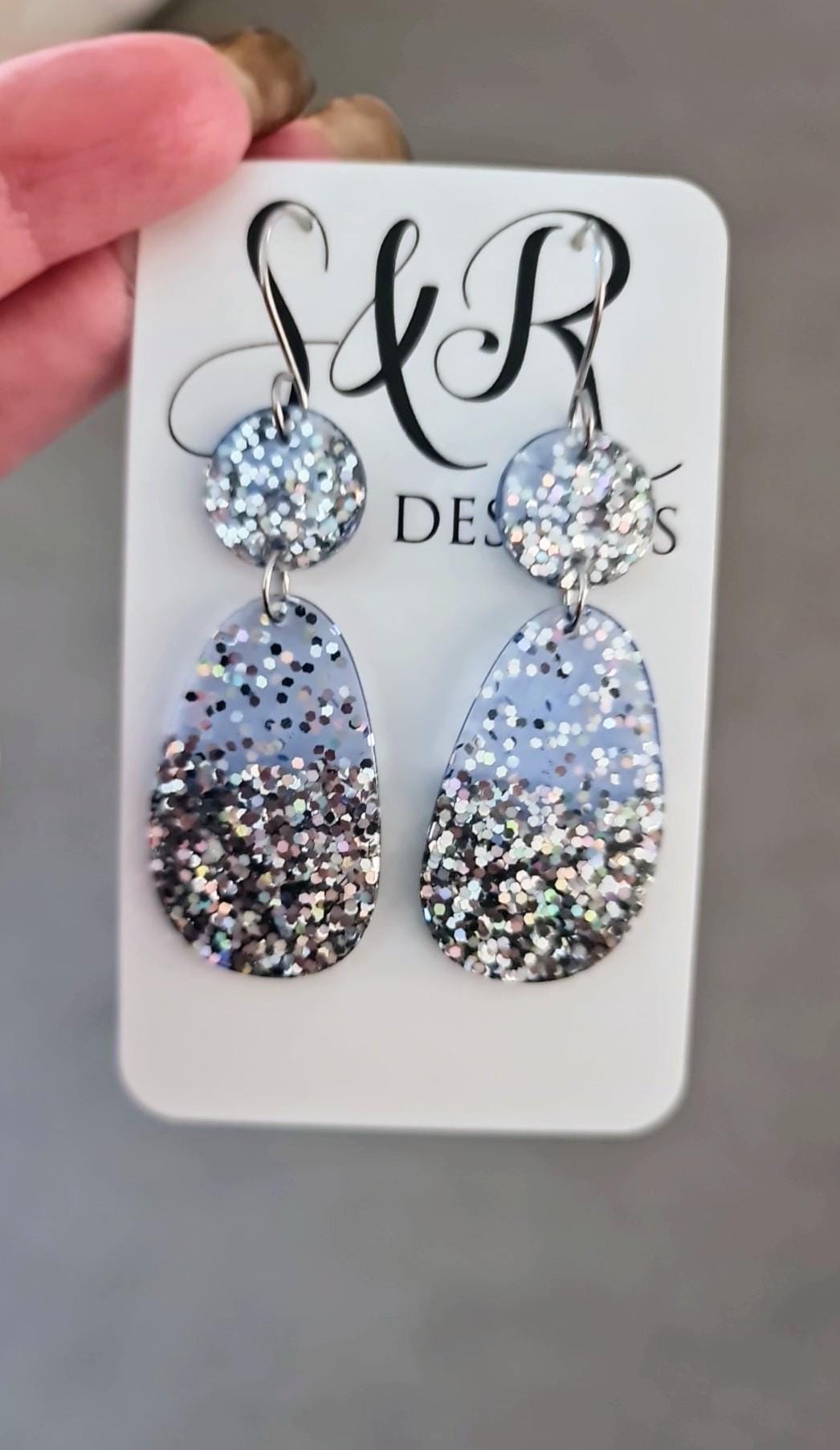 Light Blue Dangle Drop Hook Earrings, Oval Organic Shape Earrings, Silver Glitter, Resin Handmade, Stainless Steel Hypoallergenic Gift