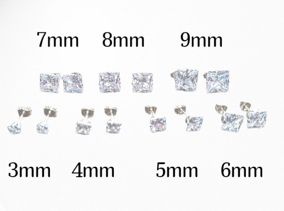 Sterling Silver CZ Square Stud Earrings, Cubic Zirconia Stud Earrings, Square Cz Studs, Princess Cut Studs 3mm 4mm 5mm 6mm 7mm 8mm 9mm, Pair