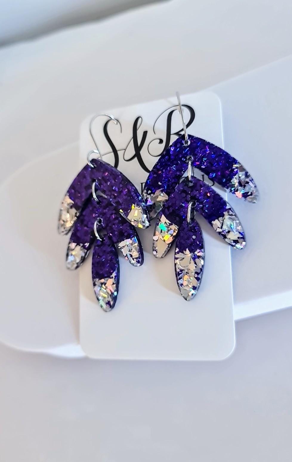 Purple with Silver Shards Leaves Long Drop Hook Earrings. Purple Pinks Mix Resin Dangles, Stunning Chandelier Earwire Hypoallergenic Dangles