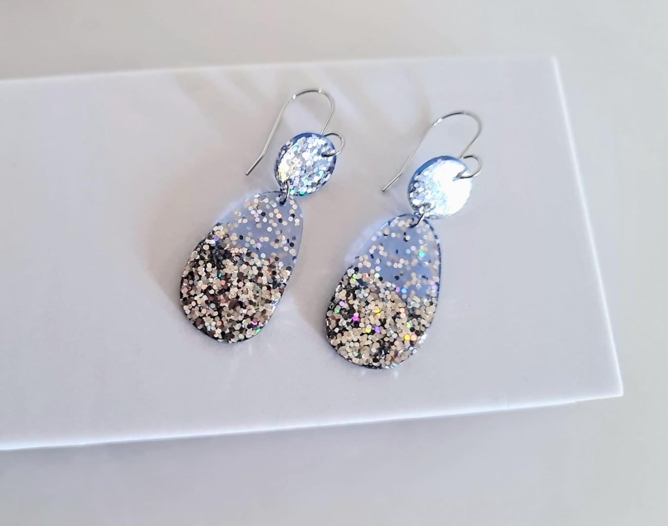 Light Blue Dangle Drop Hook Earrings, Oval Organic Shape Earrings, Silver Glitter, Resin Handmade, Stainless Steel Hypoallergenic Gift