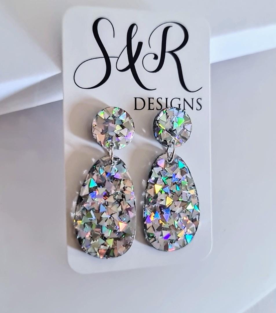 Silver Holographic Dangle Drop Hook Earrings, Oval Organic Shape Earrings, Silver Glitter, Resin Handmade, Stainless Steel Hypoallergenic