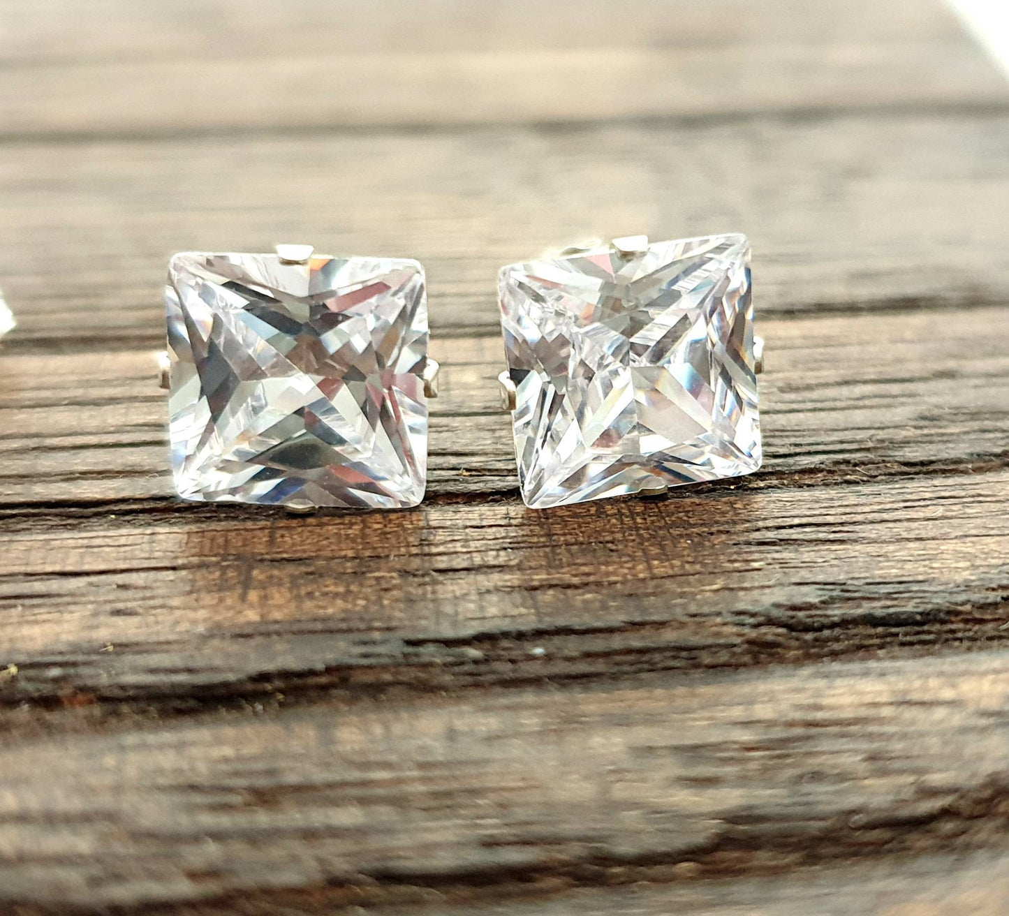 Sterling Silver CZ Square Stud Earrings, Cubic Zirconia Stud Earrings, Square Cz Studs, Princess Cut Studs 3mm 4mm 5mm 6mm 7mm 8mm 9mm, Pair