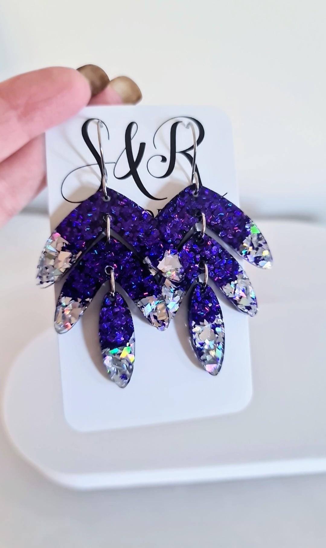 Purple with Silver Shards Leaves Long Drop Hook Earrings. Purple Pinks Mix Resin Dangles, Stunning Chandelier Earwire Hypoallergenic Dangles