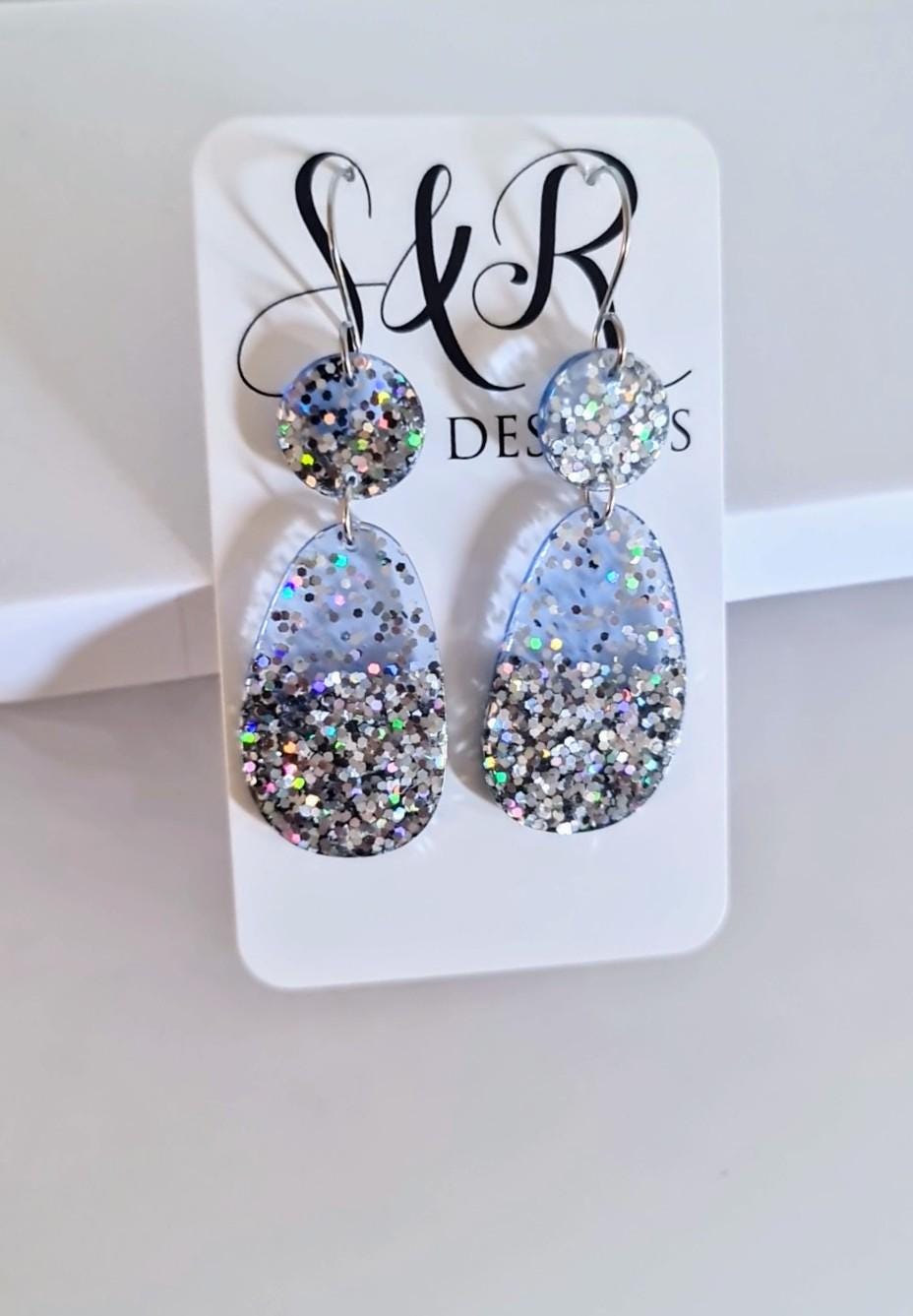 Light Blue Dangle Drop Hook Earrings, Oval Organic Shape Earrings, Silver Glitter, Resin Handmade, Stainless Steel Hypoallergenic Gift