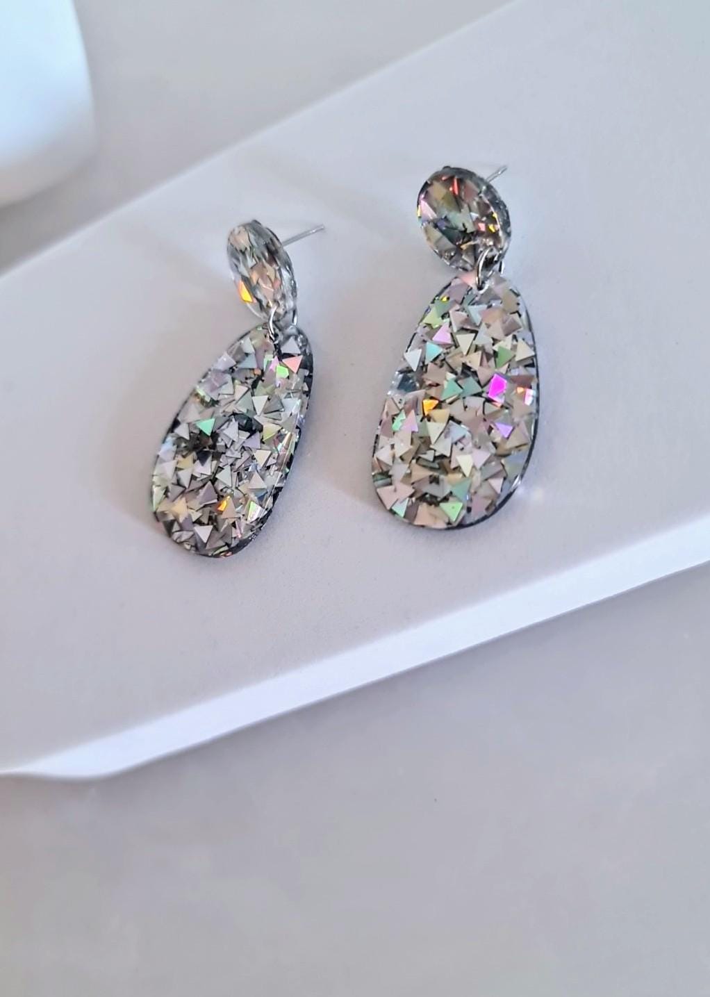 Silver Holographic Dangle Drop Hook Earrings, Oval Organic Shape Earrings, Silver Glitter, Resin Handmade, Stainless Steel Hypoallergenic