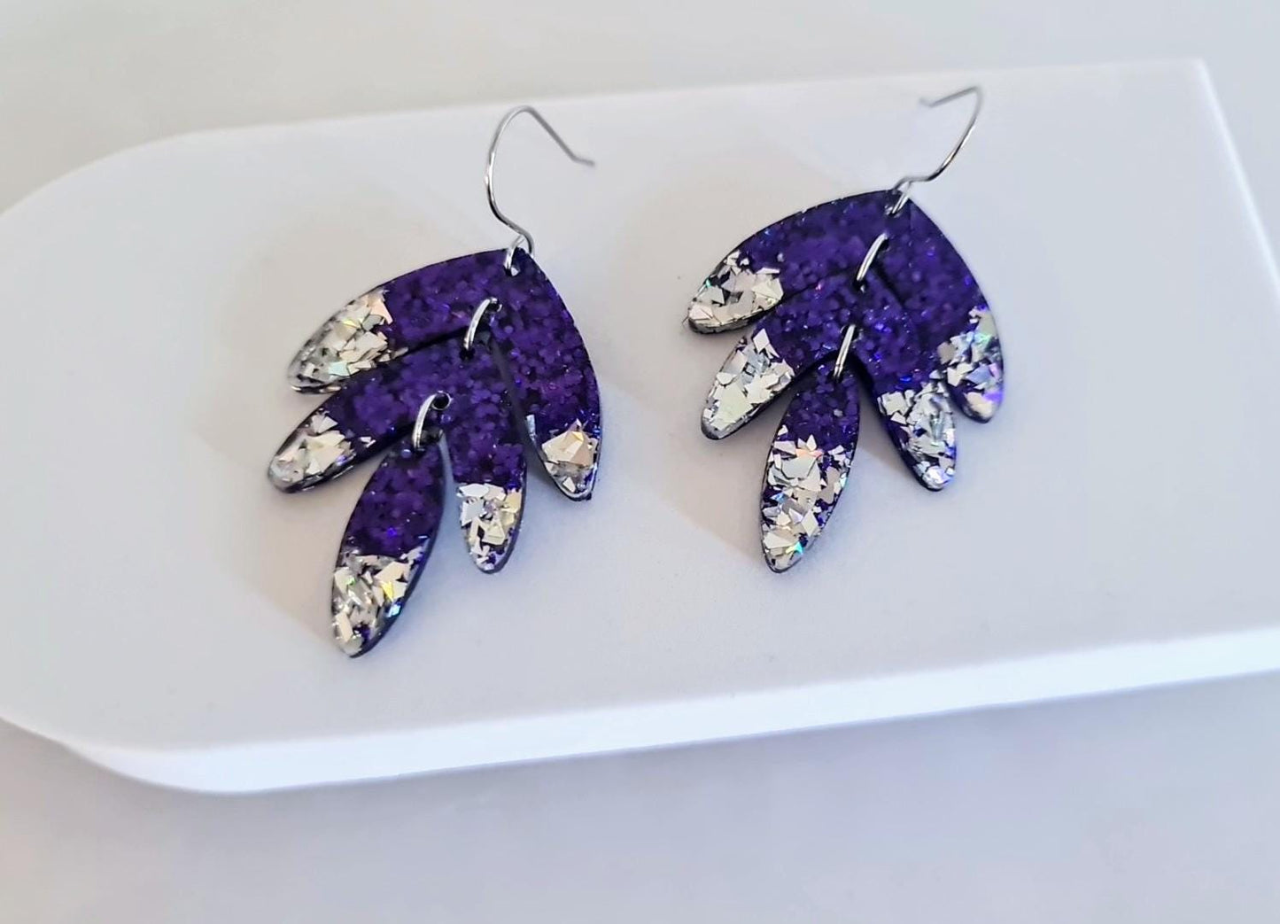 Purple with Silver Shards Leaves Long Drop Hook Earrings. Purple Pinks Mix Resin Dangles, Stunning Chandelier Earwire Hypoallergenic Dangles