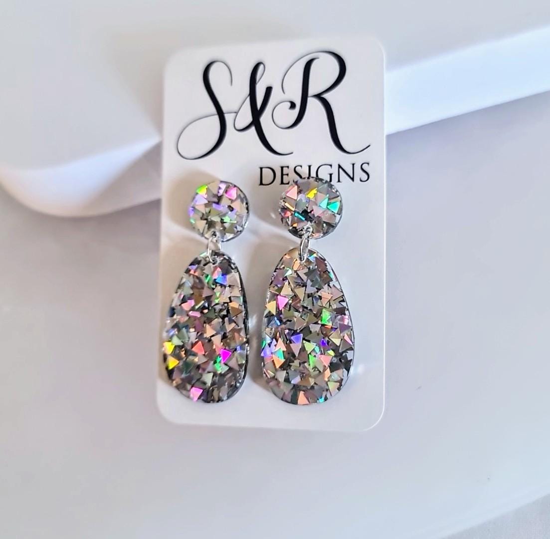 Silver Holographic Dangle Drop Hook Earrings, Oval Organic Shape Earrings, Silver Glitter, Resin Handmade, Stainless Steel Hypoallergenic