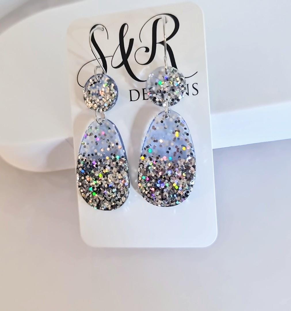 Light Blue Dangle Drop Hook Earrings, Oval Organic Shape Earrings, Silver Glitter, Resin Handmade, Stainless Steel Hypoallergenic Gift