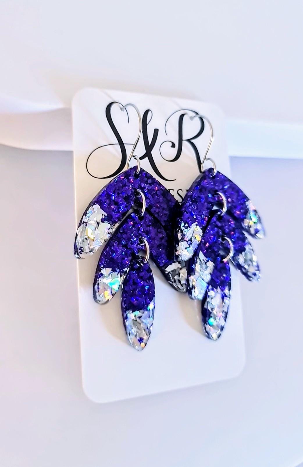 Purple with Silver Shards Leaves Long Drop Hook Earrings. Purple Pinks Mix Resin Dangles, Stunning Chandelier Earwire Hypoallergenic Dangles