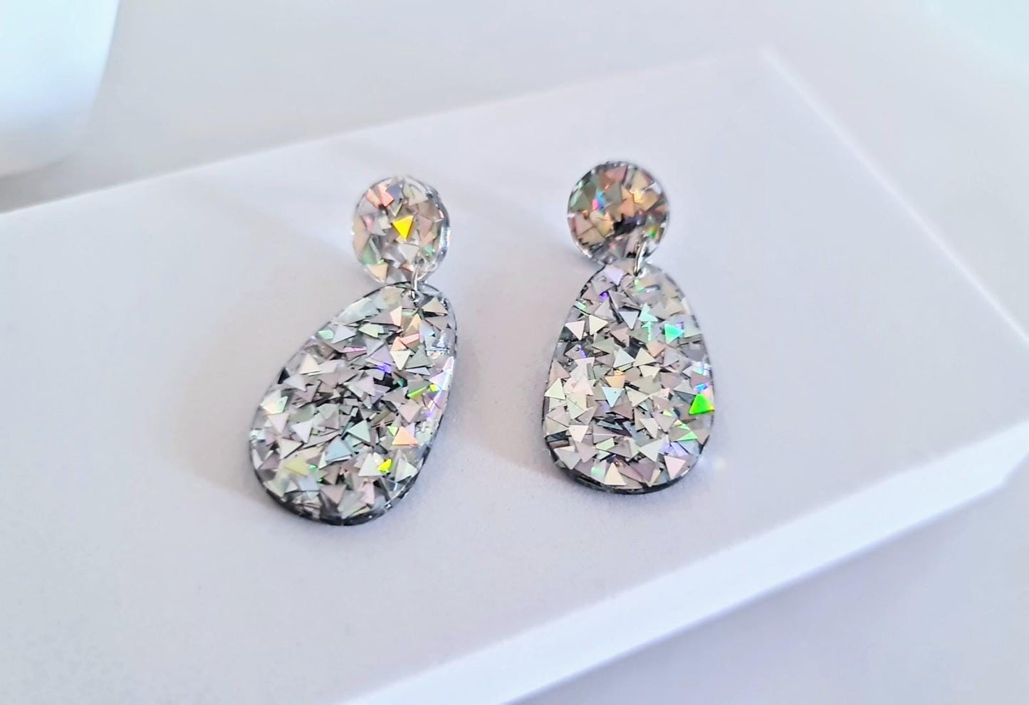 Silver Holographic Dangle Drop Hook Earrings, Oval Organic Shape Earrings, Silver Glitter, Resin Handmade, Stainless Steel Hypoallergenic