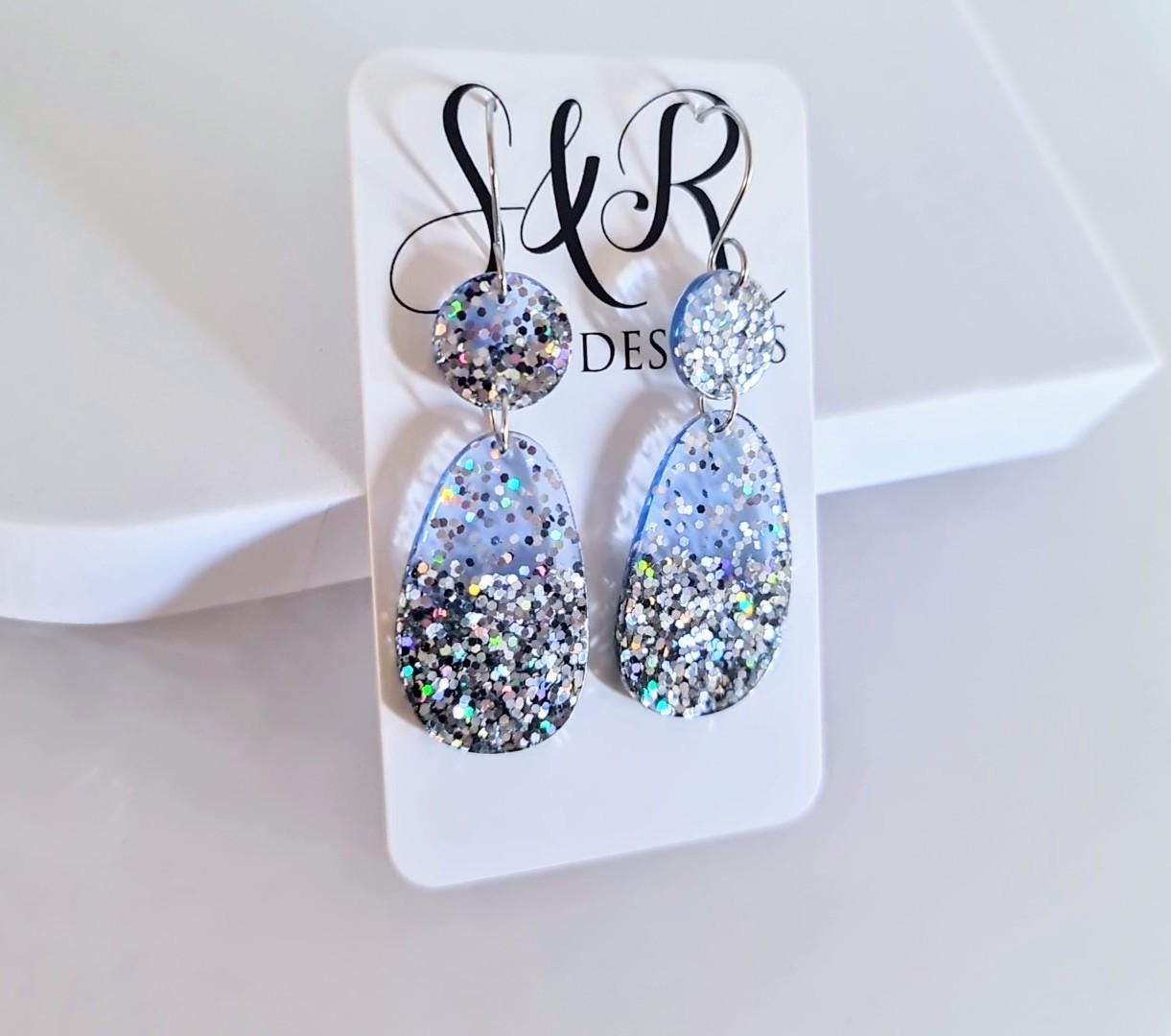 Light Blue Dangle Drop Hook Earrings, Oval Organic Shape Earrings, Silver Glitter, Resin Handmade, Stainless Steel Hypoallergenic Gift