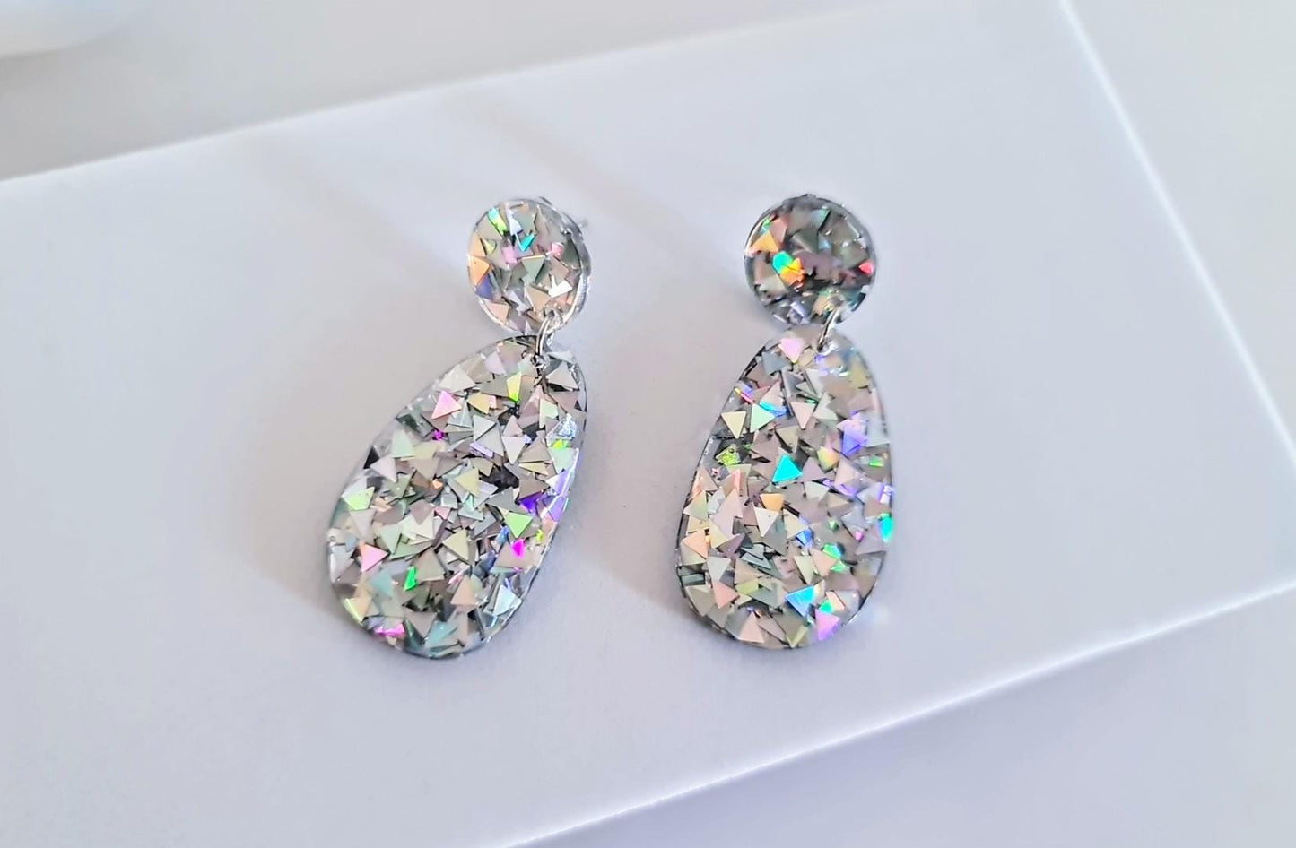 Silver Holographic Dangle Drop Hook Earrings, Oval Organic Shape Earrings, Silver Glitter, Resin Handmade, Stainless Steel Hypoallergenic