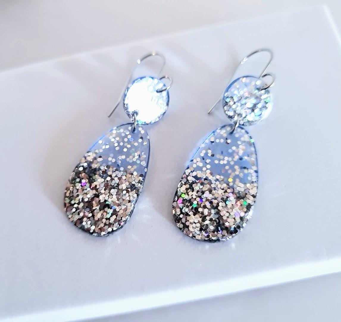 Light Blue Dangle Drop Hook Earrings, Oval Organic Shape Earrings, Silver Glitter, Resin Handmade, Stainless Steel Hypoallergenic Gift