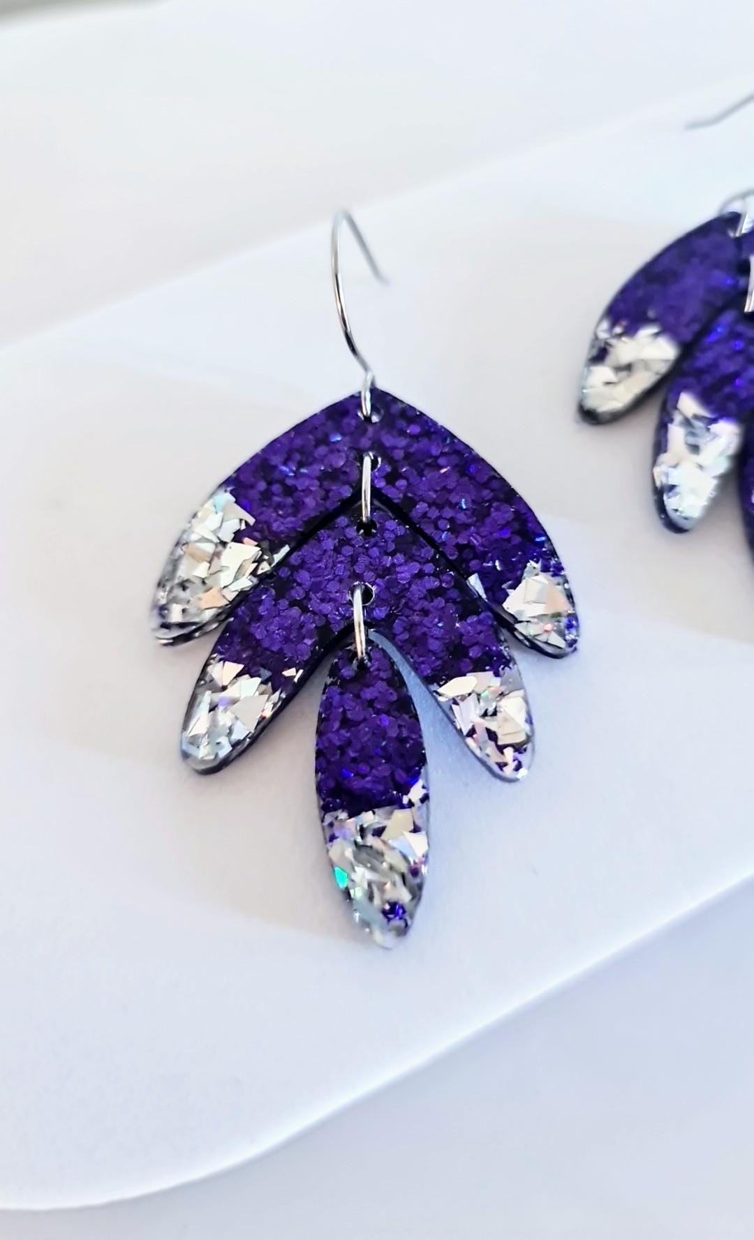 Purple with Silver Shards Leaves Long Drop Hook Earrings. Purple Pinks Mix Resin Dangles, Stunning Chandelier Earwire Hypoallergenic Dangles
