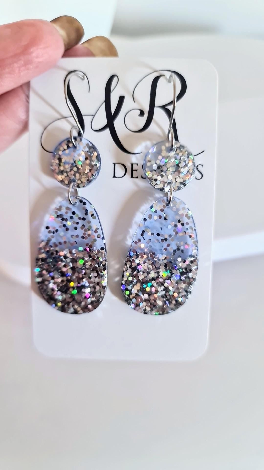 Light Blue Dangle Drop Hook Earrings, Oval Organic Shape Earrings, Silver Glitter, Resin Handmade, Stainless Steel Hypoallergenic Gift