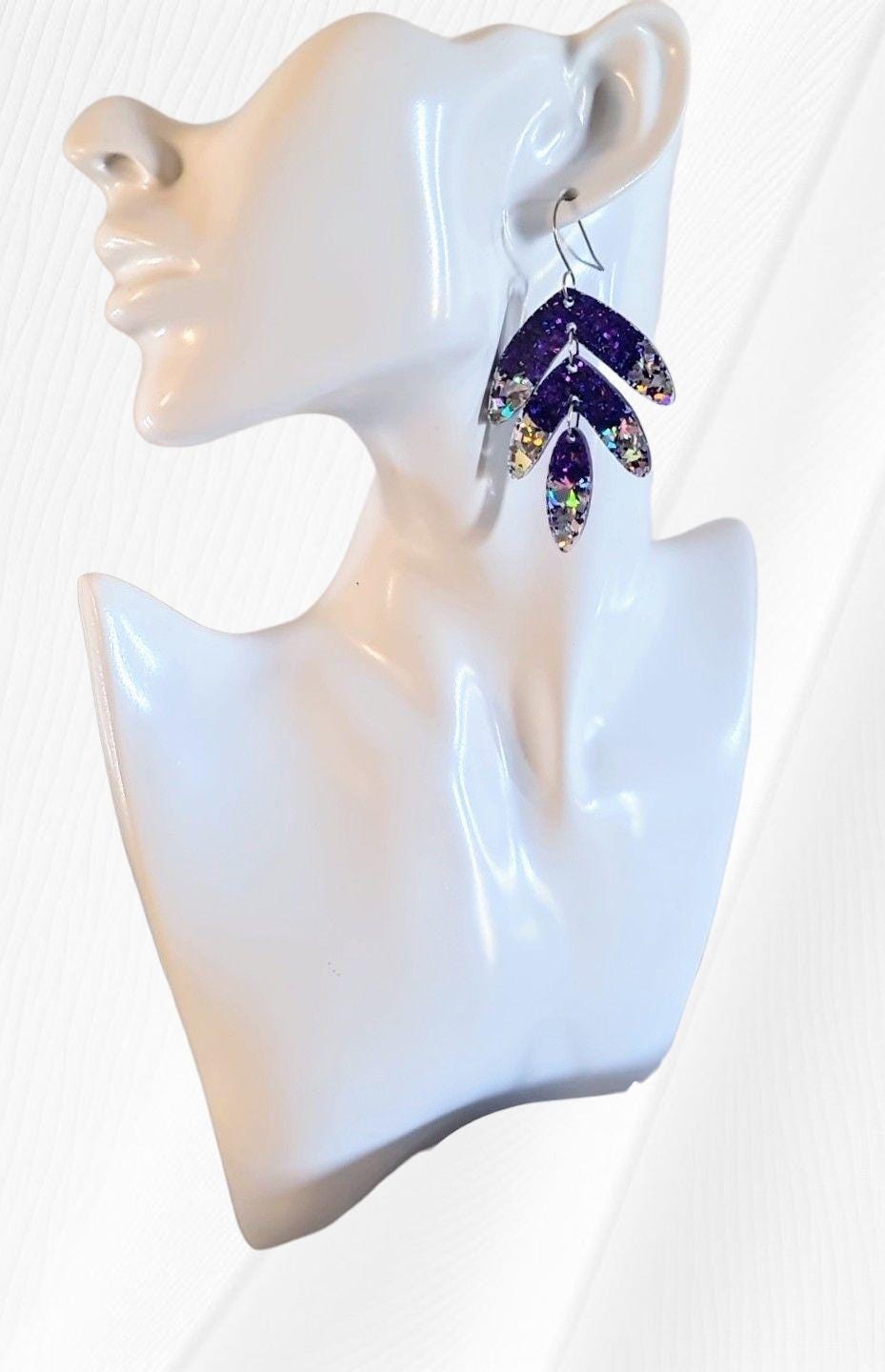 Purple with Silver Shards Leaves Long Drop Hook Earrings. Purple Pinks Mix Resin Dangles, Stunning Chandelier Earwire Hypoallergenic Dangles
