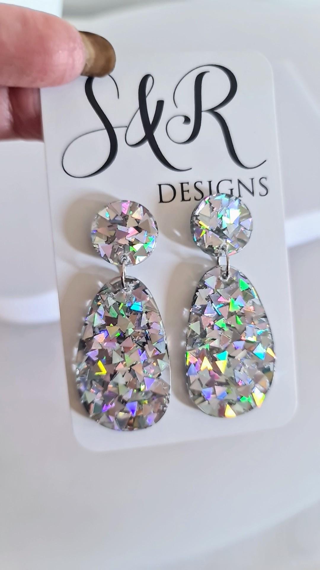 Silver Holographic Dangle Drop Hook Earrings, Oval Organic Shape Earrings, Silver Glitter, Resin Handmade, Stainless Steel Hypoallergenic