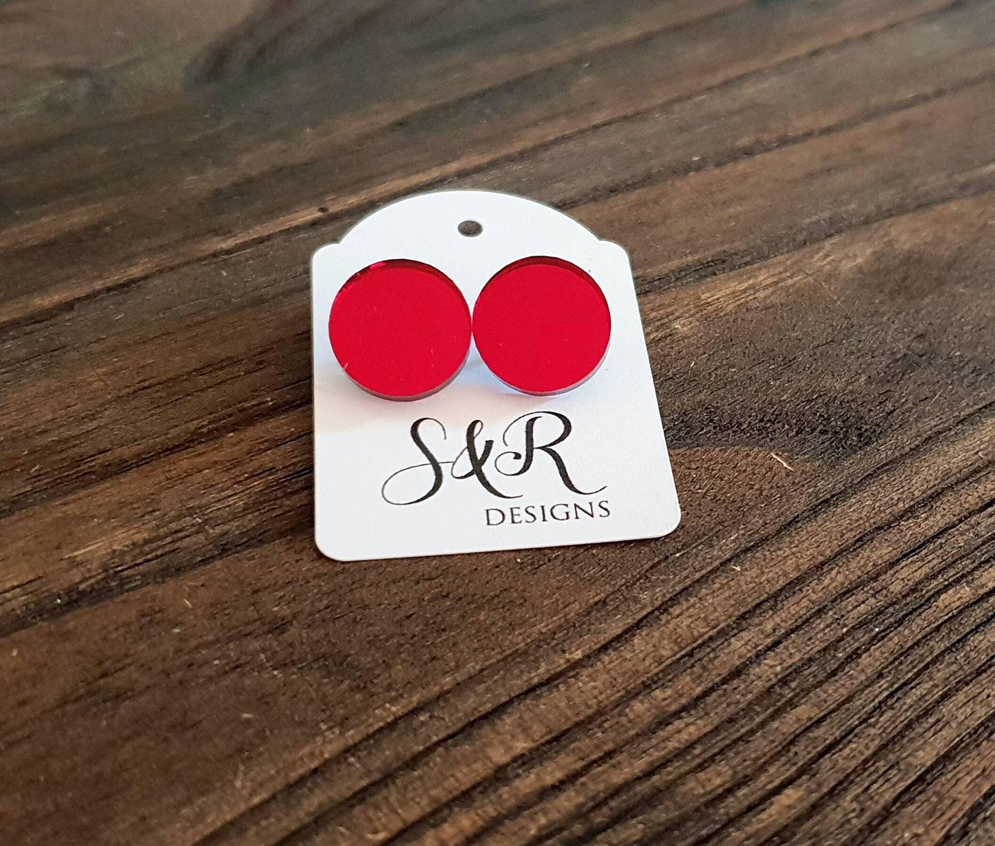 Burgandy red mirror circle stud earrings, acrylic earrings, stainless steel earrings.