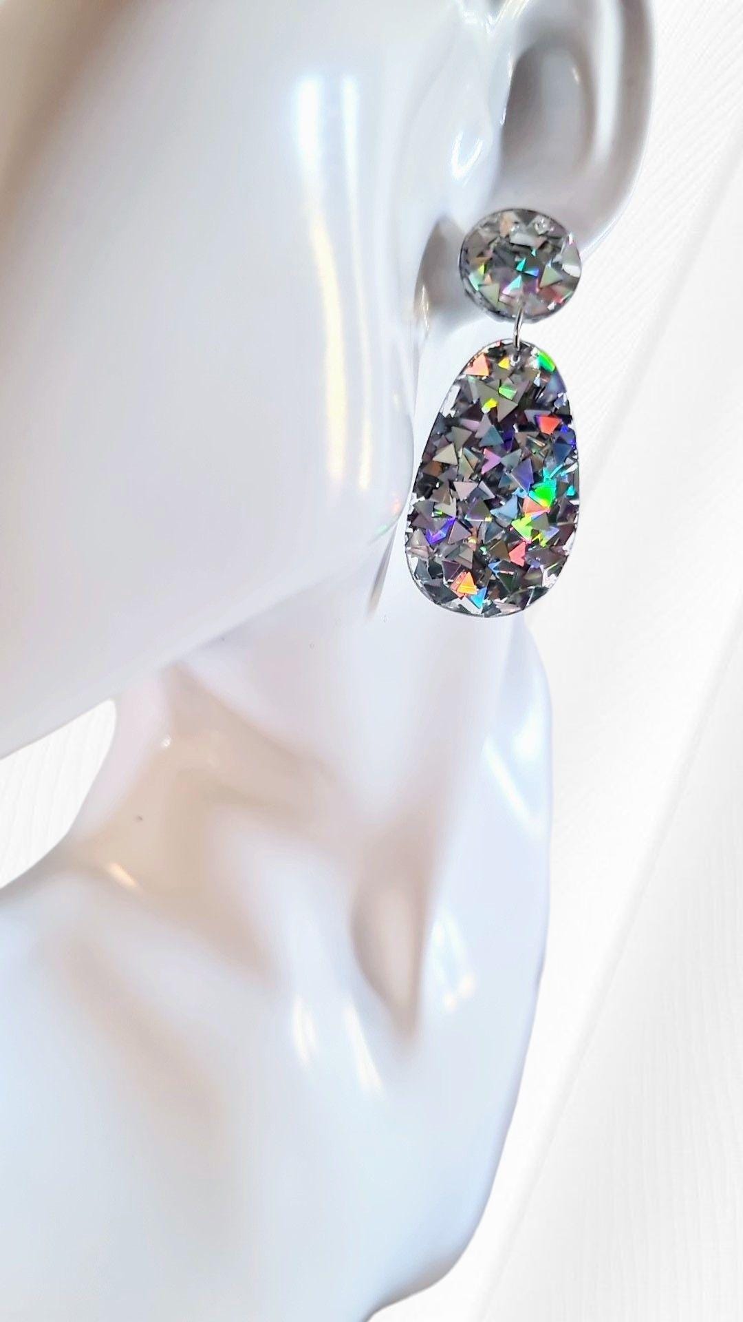 Silver Holographic Dangle Drop Hook Earrings, Oval Organic Shape Earrings, Silver Glitter, Resin Handmade, Stainless Steel Hypoallergenic