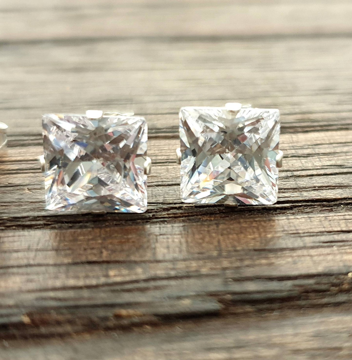 Sterling Silver CZ Square Stud Earrings, Cubic Zirconia Stud Earrings, Square Cz Studs, Princess Cut Studs 3mm 4mm 5mm 6mm 7mm 8mm 9mm, Pair