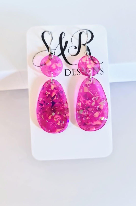 Magenta Pink Holographic Glitter Hook Earrings, Oval Organic Shape Earrings, Resin Handmade, Stainless Steel Hypoallergenic Gift