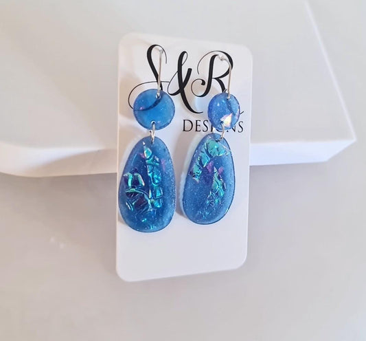 Blue Mermaid Holographic Hook Earrings, Oval Organic Shape Earrings, Resin Handmade, Stainless Steel Hypoallergenic Gift