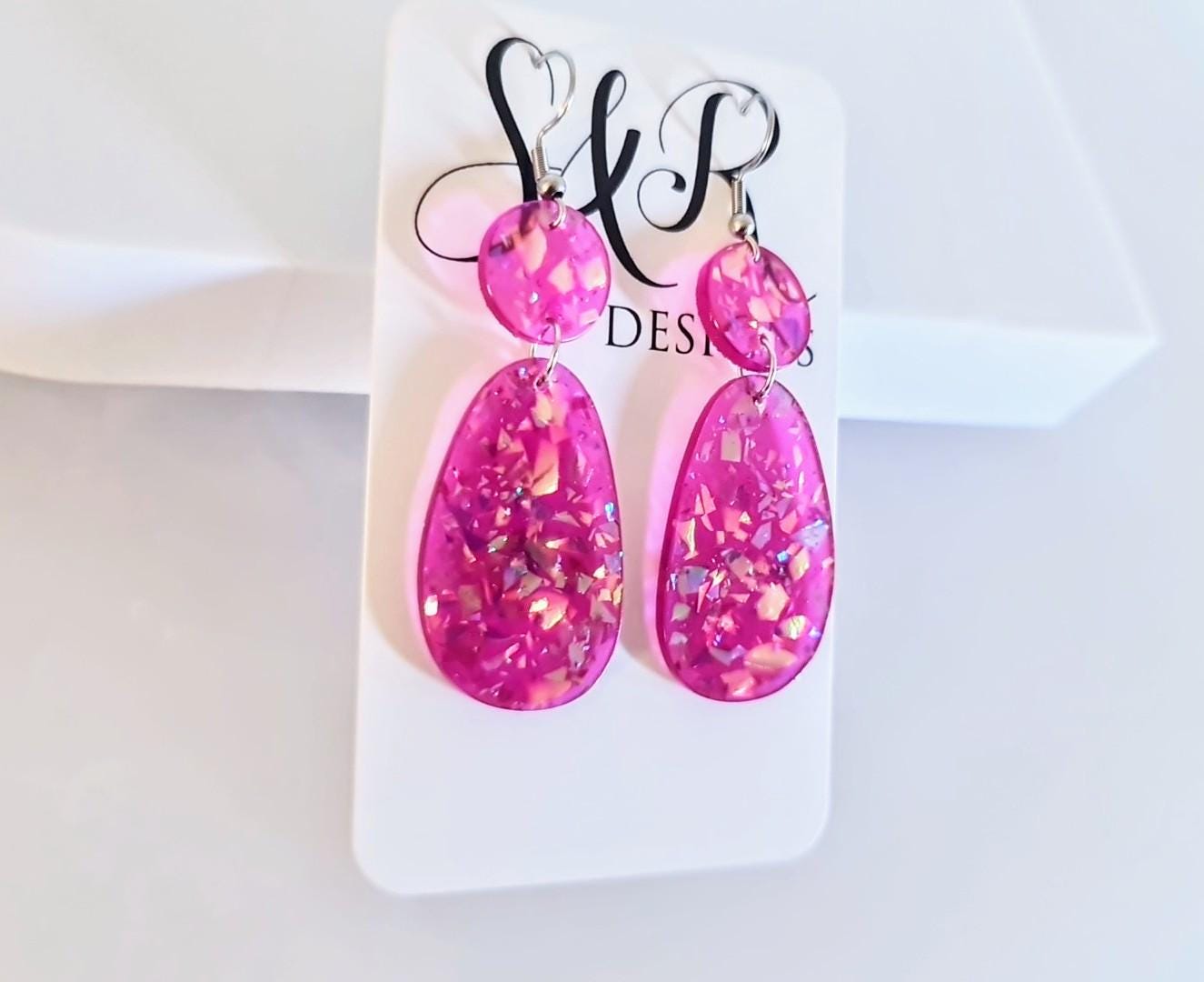 Magenta Pink Holographic Glitter Hook Earrings, Oval Organic Shape Earrings, Resin Handmade, Stainless Steel Hypoallergenic Gift