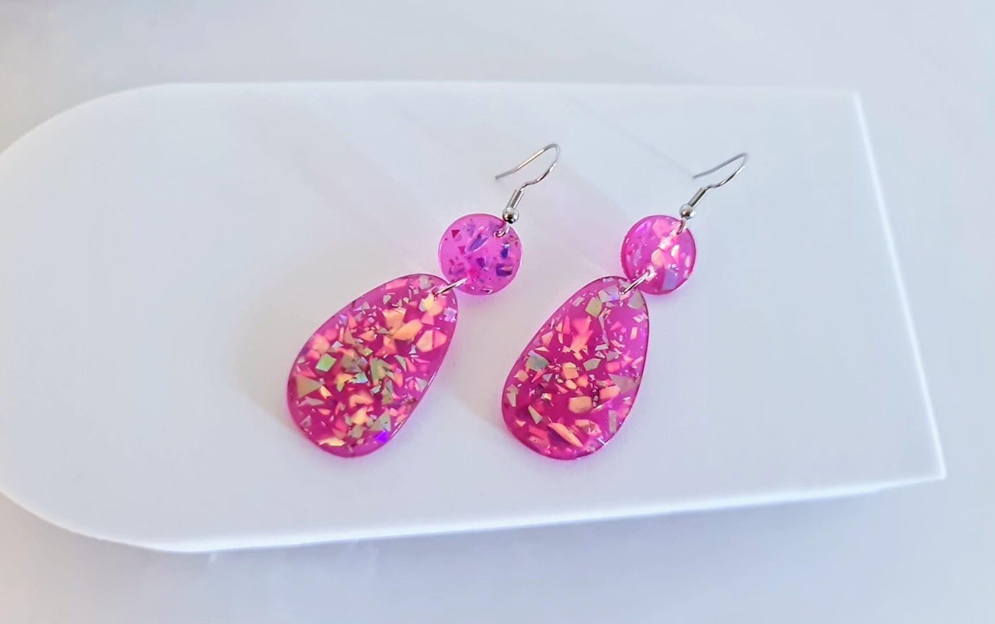Magenta Pink Holographic Glitter Hook Earrings, Oval Organic Shape Earrings, Resin Handmade, Stainless Steel Hypoallergenic Gift