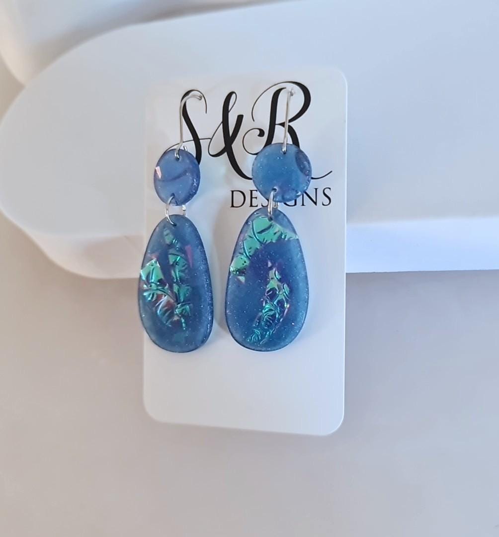 Blue Mermaid Holographic Hook Earrings, Oval Organic Shape Earrings, Resin Handmade, Stainless Steel Hypoallergenic Gift