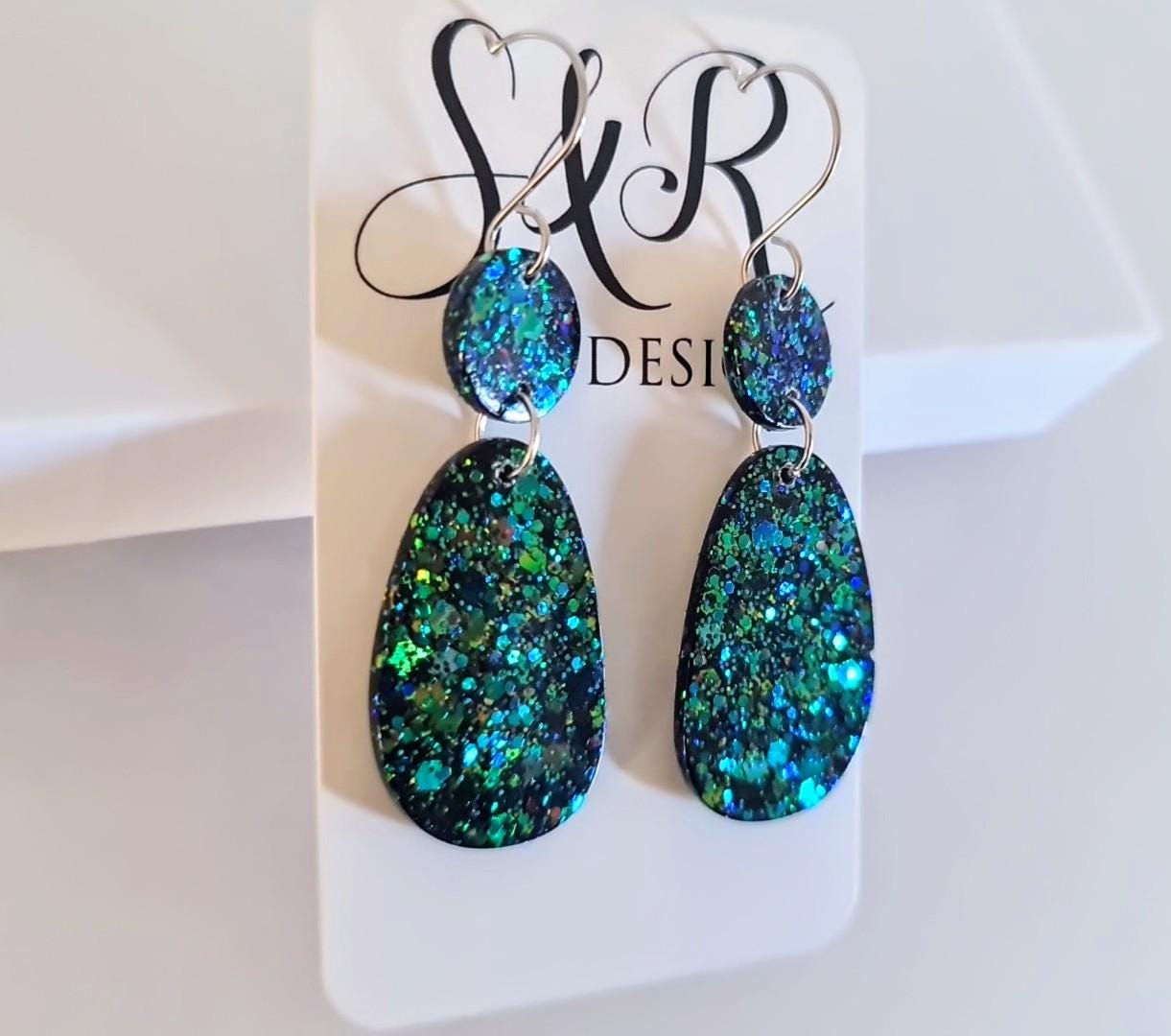 Emerald Green Gold Blue Glitter Hook Earrings, Oval Organic Shape Earrings, Resin Handmade, Stainless Steel Hypoallergenic Gift