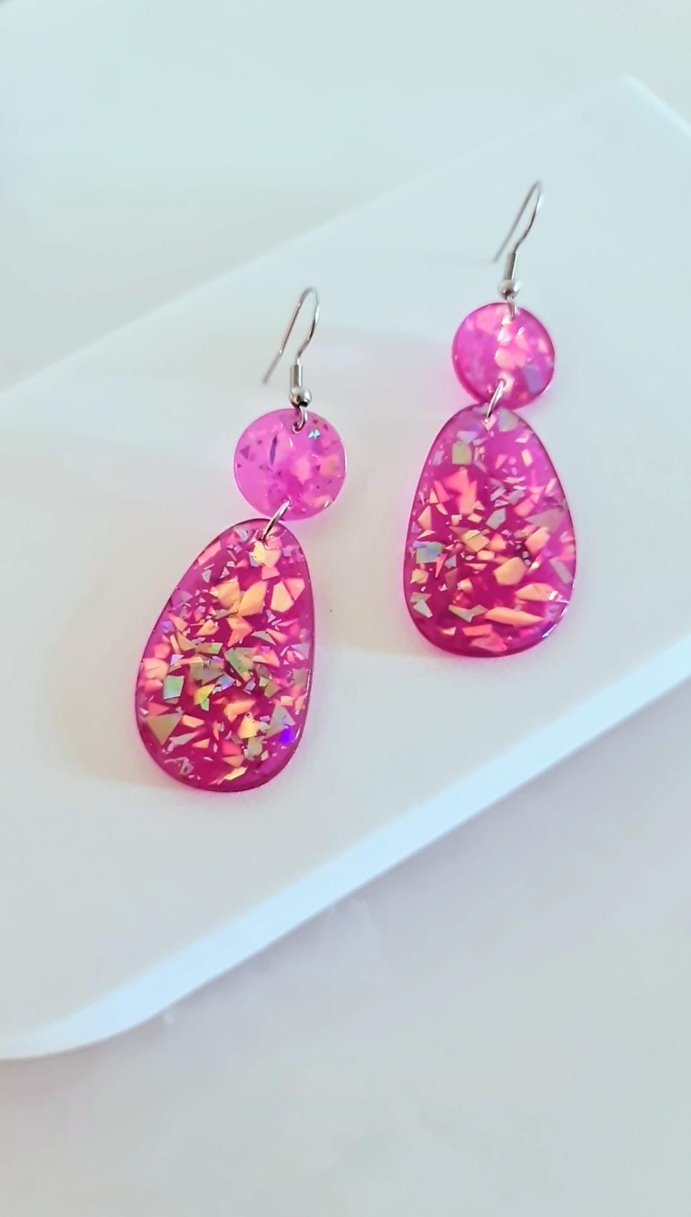 Magenta Pink Holographic Glitter Hook Earrings, Oval Organic Shape Earrings, Resin Handmade, Stainless Steel Hypoallergenic Gift