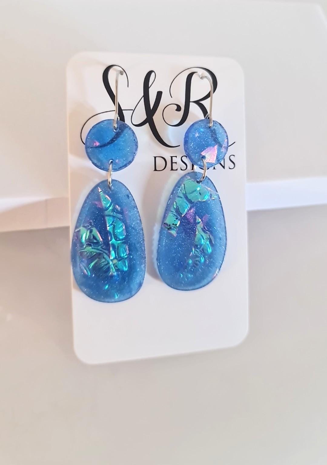 Blue Mermaid Holographic Hook Earrings, Oval Organic Shape Earrings, Resin Handmade, Stainless Steel Hypoallergenic Gift