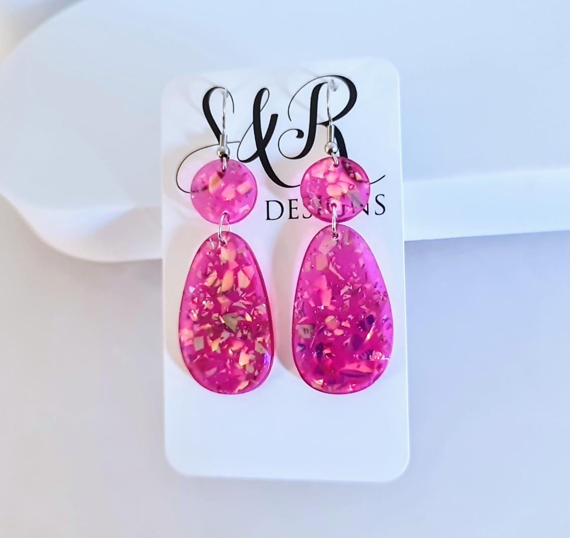 Magenta Pink Holographic Glitter Hook Earrings, Oval Organic Shape Earrings, Resin Handmade, Stainless Steel Hypoallergenic Gift
