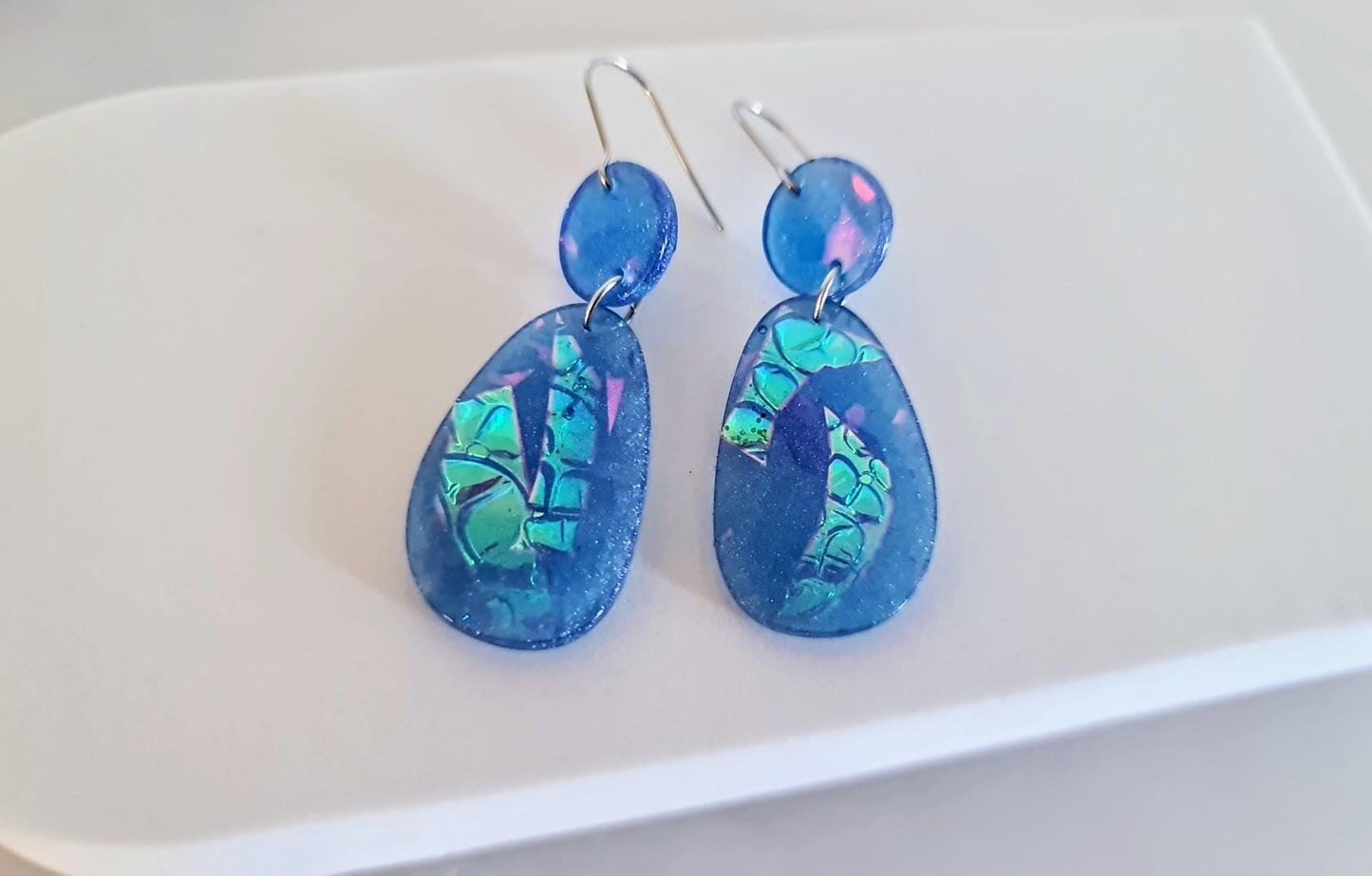 Blue Mermaid Holographic Hook Earrings, Oval Organic Shape Earrings, Resin Handmade, Stainless Steel Hypoallergenic Gift