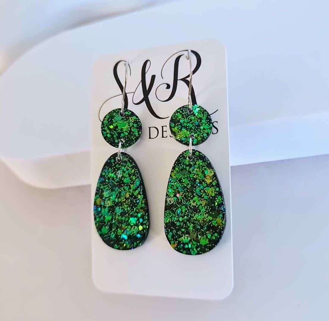 Emerald Green Gold Blue Glitter Hook Earrings, Oval Organic Shape Earrings, Resin Handmade, Stainless Steel Hypoallergenic Gift