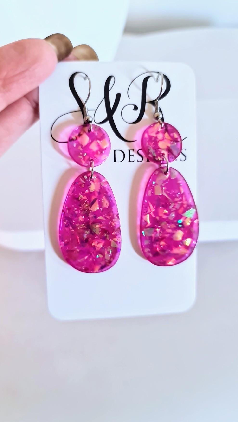 Magenta Pink Holographic Glitter Hook Earrings, Oval Organic Shape Earrings, Resin Handmade, Stainless Steel Hypoallergenic Gift