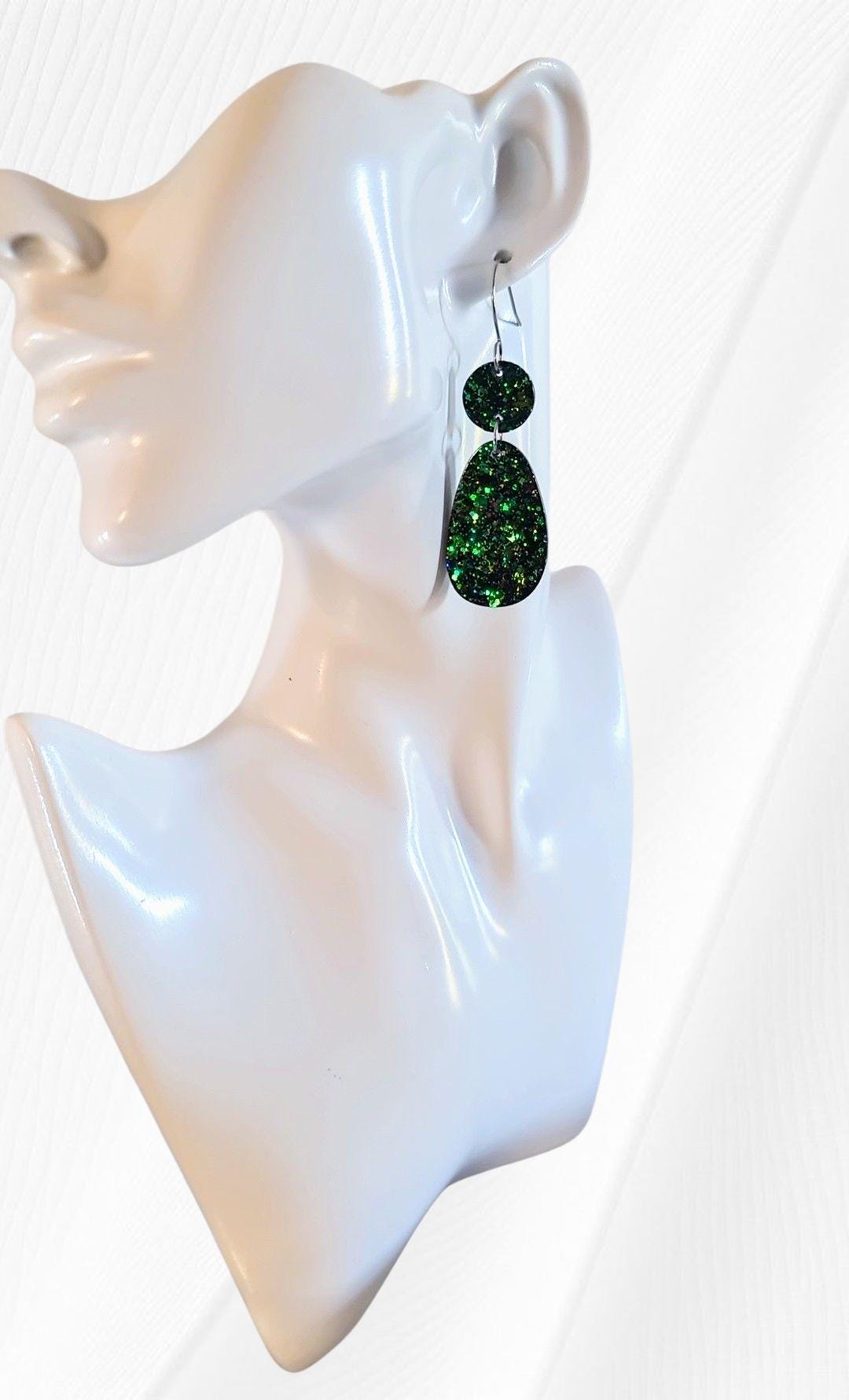 Emerald Green Gold Blue Glitter Hook Earrings, Oval Organic Shape Earrings, Resin Handmade, Stainless Steel Hypoallergenic Gift