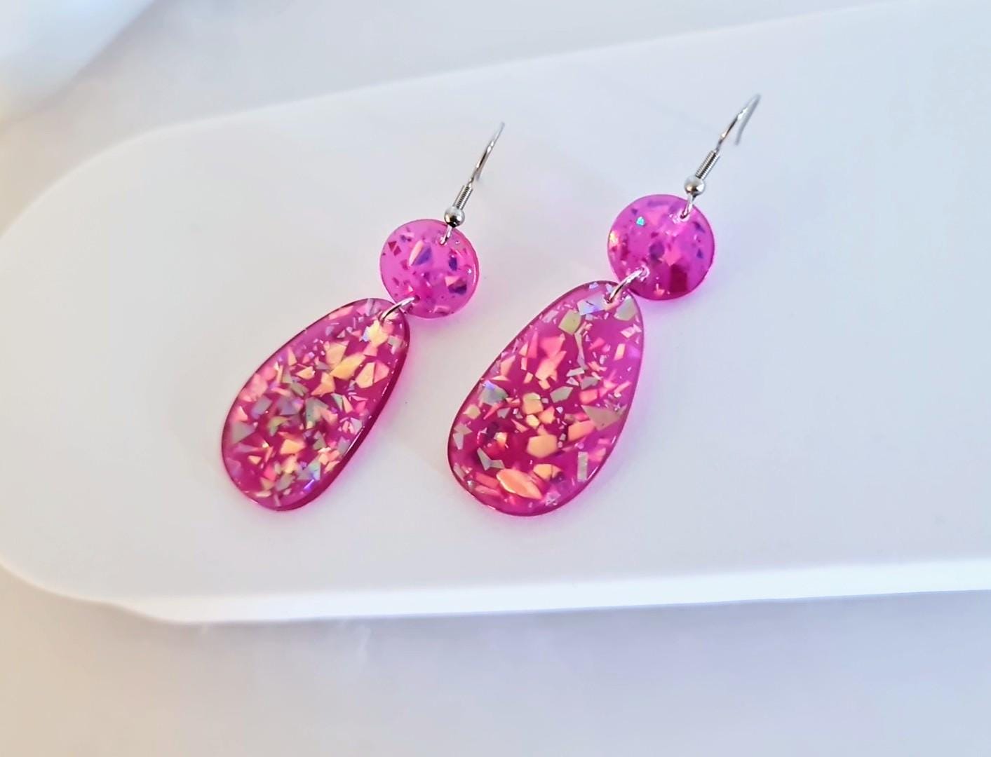 Magenta Pink Holographic Glitter Hook Earrings, Oval Organic Shape Earrings, Resin Handmade, Stainless Steel Hypoallergenic Gift
