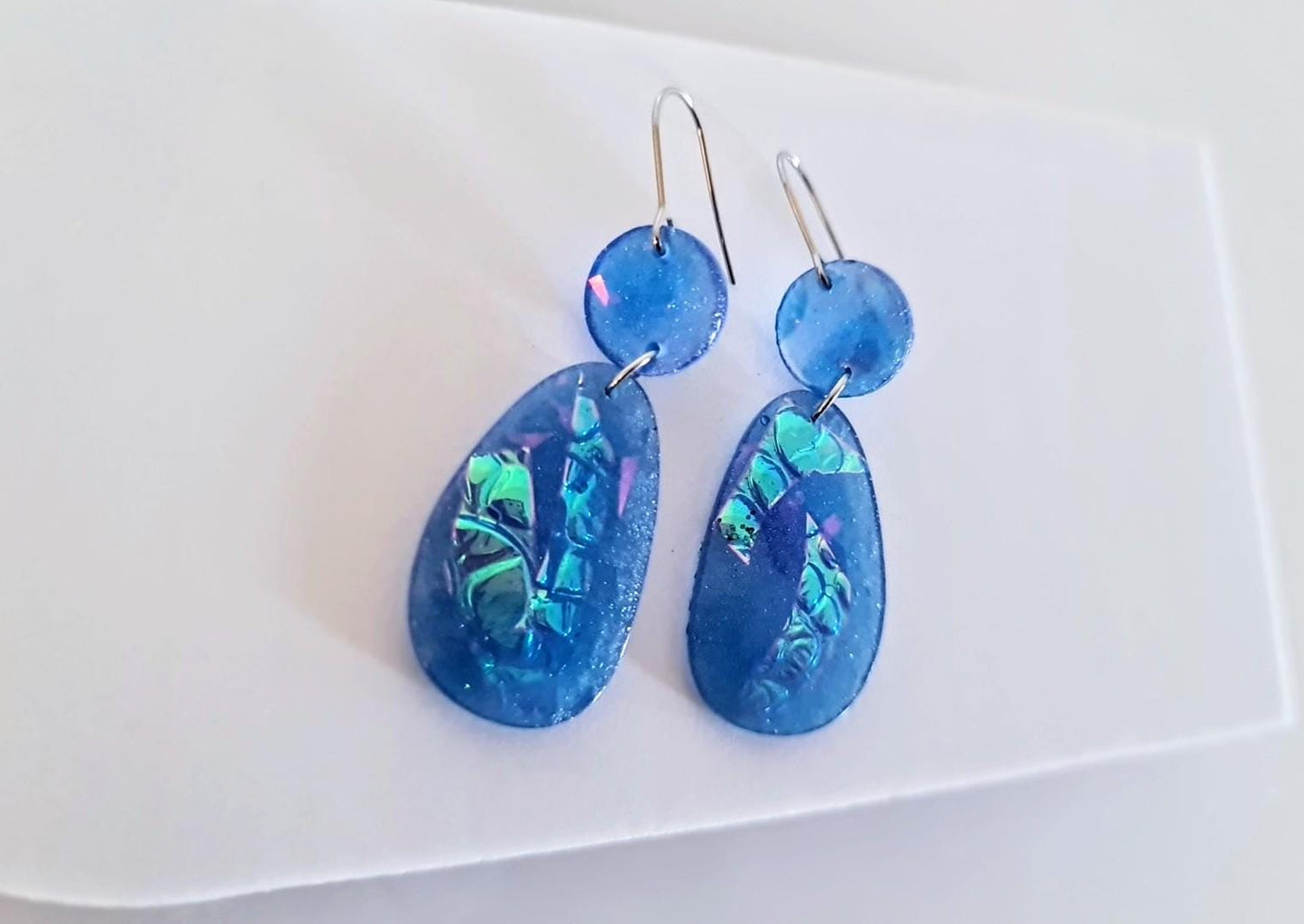 Blue Mermaid Holographic Hook Earrings, Oval Organic Shape Earrings, Resin Handmade, Stainless Steel Hypoallergenic Gift