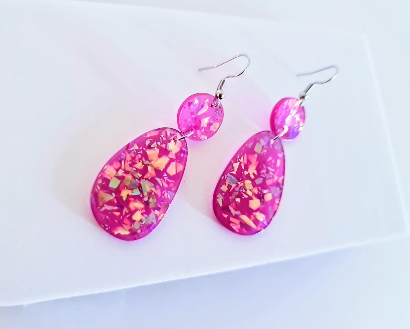 Magenta Pink Holographic Glitter Hook Earrings, Oval Organic Shape Earrings, Resin Handmade, Stainless Steel Hypoallergenic Gift