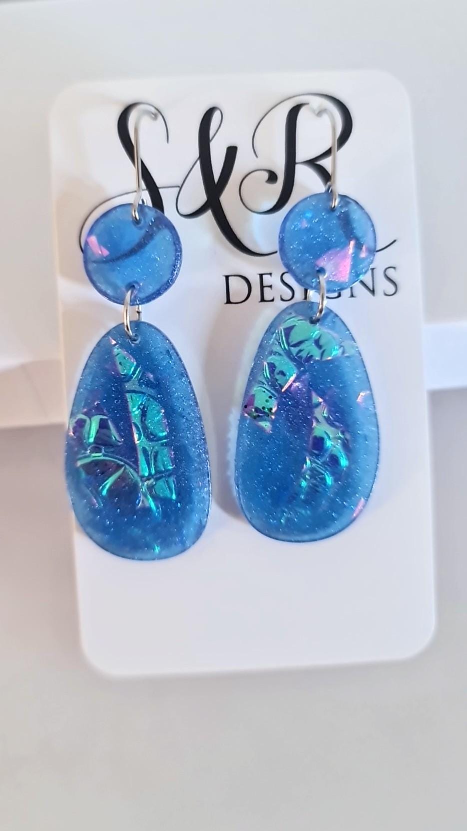Blue Mermaid Holographic Hook Earrings, Oval Organic Shape Earrings, Resin Handmade, Stainless Steel Hypoallergenic Gift