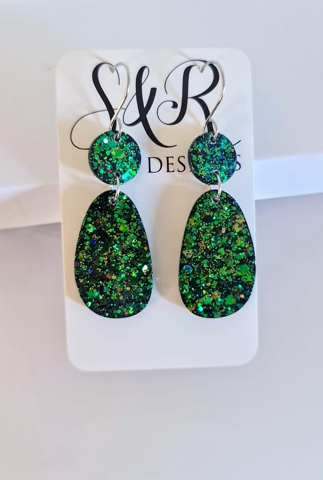 Emerald Green Gold Blue Glitter Hook Earrings, Oval Organic Shape Earrings, Resin Handmade, Stainless Steel Hypoallergenic Gift
