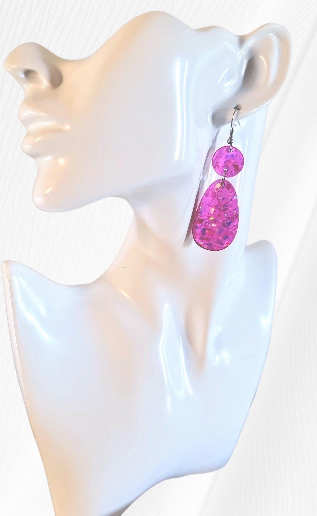 Magenta Pink Holographic Glitter Hook Earrings, Oval Organic Shape Earrings, Resin Handmade, Stainless Steel Hypoallergenic Gift