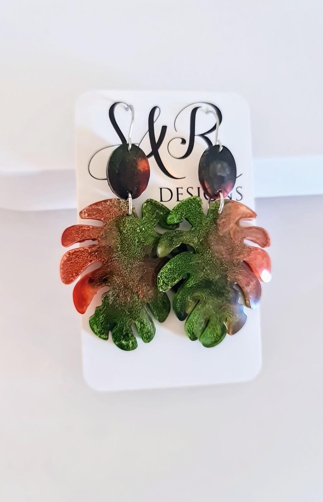 Large Monstera Leaf Long Dangle Earrings, Orange Green Resin Dangle Statement Earrings, Hypoallergenic Nature inspired Earrings