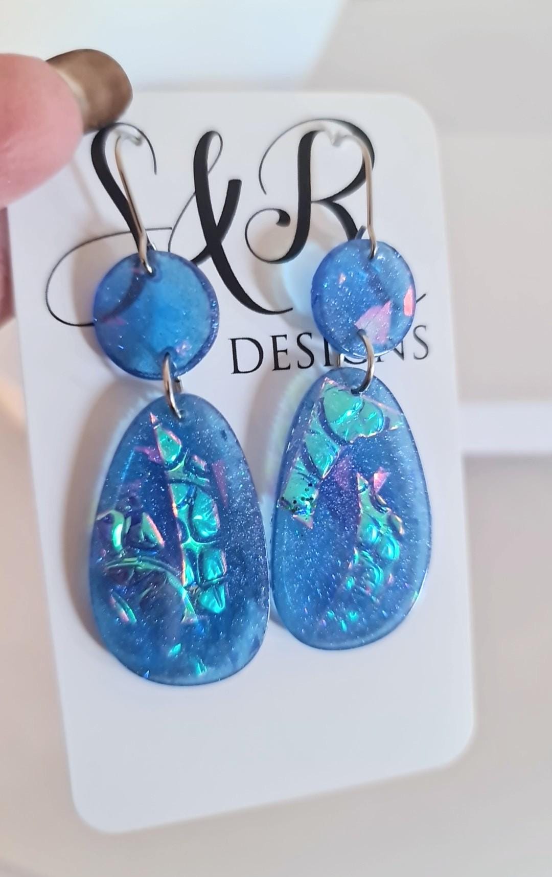 Blue Mermaid Holographic Hook Earrings, Oval Organic Shape Earrings, Resin Handmade, Stainless Steel Hypoallergenic Gift
